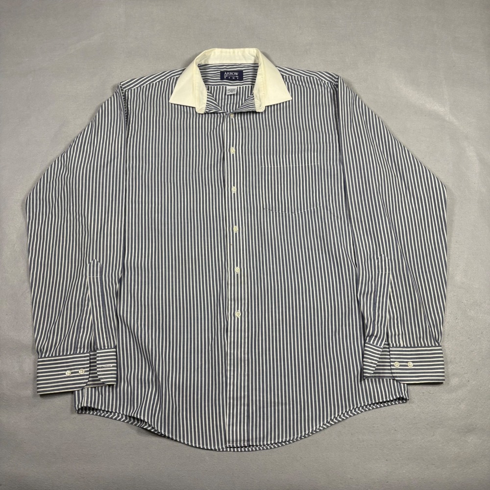 Arrow Kent Mens Blue White Striped Long Sleeve Button Down Shirt 16.5 34/35 USA